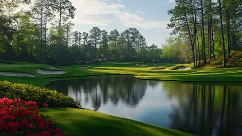 Lakeside golf course fairway reflects trees in calm water