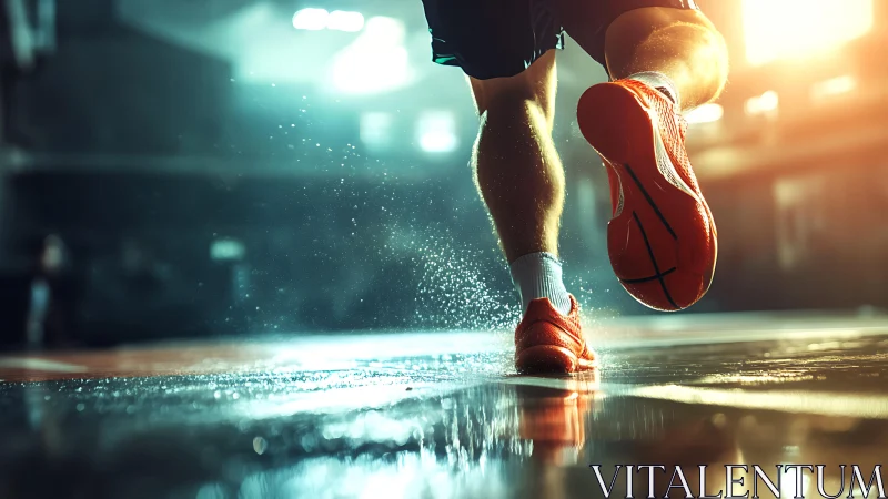 Runner sprints indoors on wet reflective court surface