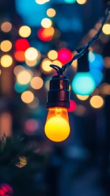 Single glowing bulb warms a dreamy bokeh night street