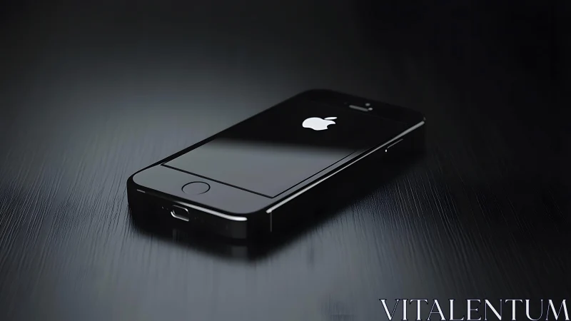 Sleek black iPhone on reflective surface, modern minimalist style.