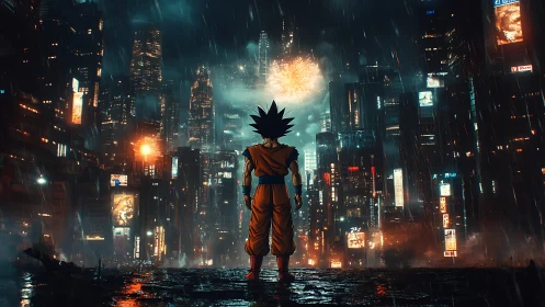 Anime fighter stands before dense neon city in heavy rain