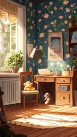 Sunlit child’s study corner with desk and toys.
