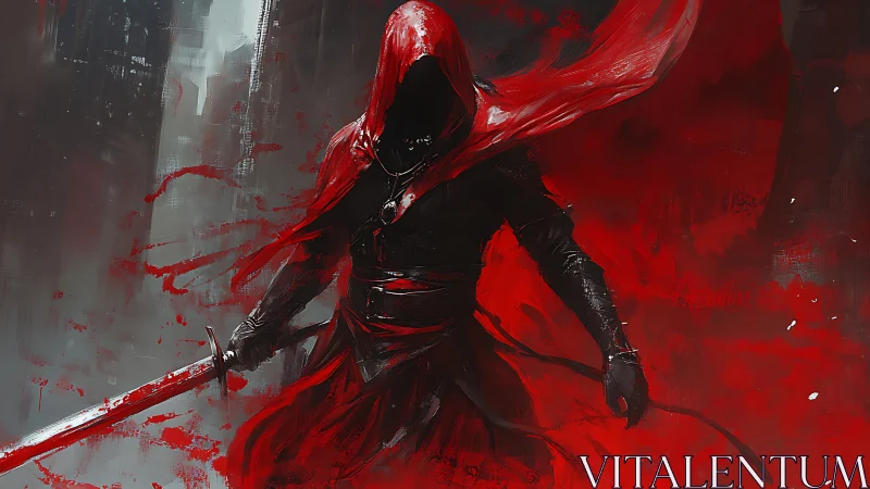 Scarlet wraith strides through bloodlit storm of steel.