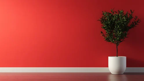 Potted indoor plant stands against plain red painted wall