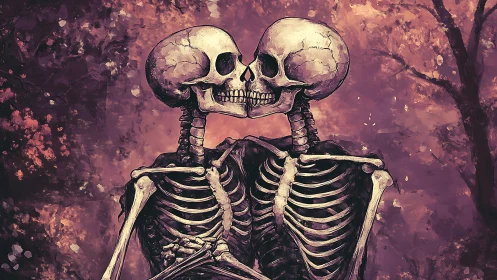 Enduring skeleton lovers share a tender kiss in autumn glow
