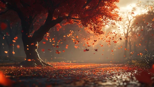 Cinematic autumn grove with drifting foliage illumination.