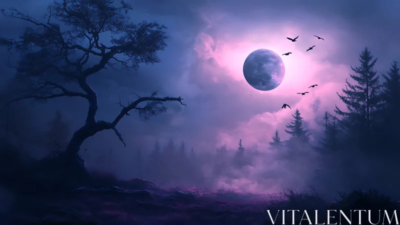 Moonlit mist and midnight birds over a dreaming forest.