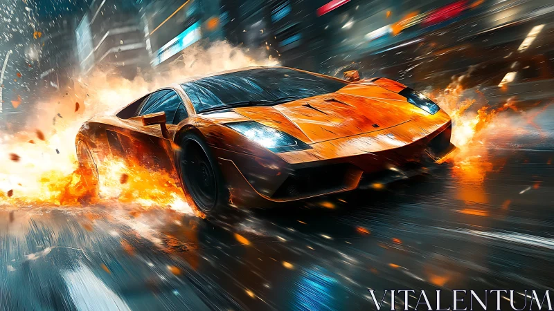 Orange supercar drifting through flames on wet neon city street
