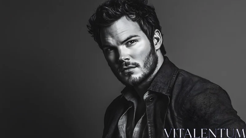 Monochrome digital portrait of bearded man in jacket.