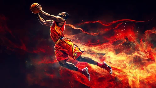Kinetic basketball dunk with flame-trail motion dynamics.