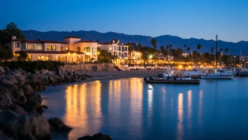 Coastal luxury homes illuminate twilight harbor. Mediterranean architecture reflects golden light.