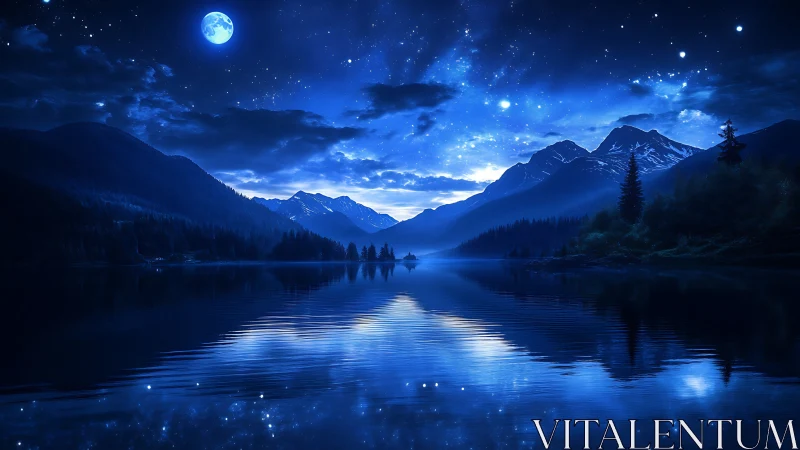 Moonlit alpine lake reflects mountains and star-filled sky