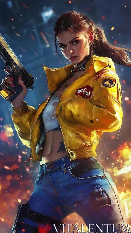 Cyberpunk gunfighter in yellow jacket amid burning city.