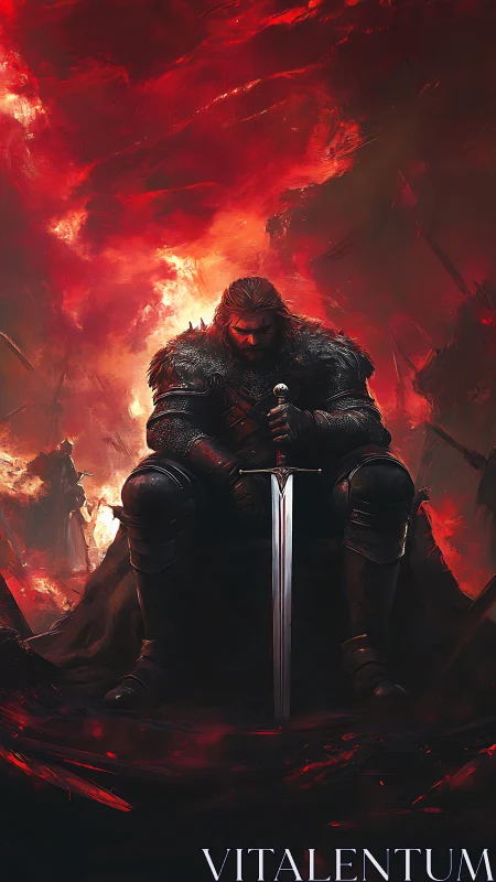 Armored warlord seated in flames holds a vertically poised sword