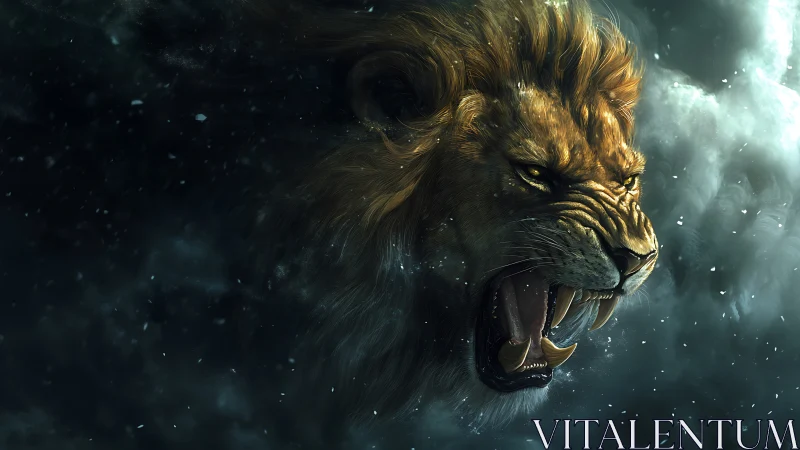 Roaring lion head emerging from dark swirling storm clouds.