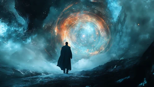 Cloaked silhouette confronting luminous cosmic wormhole gateway.