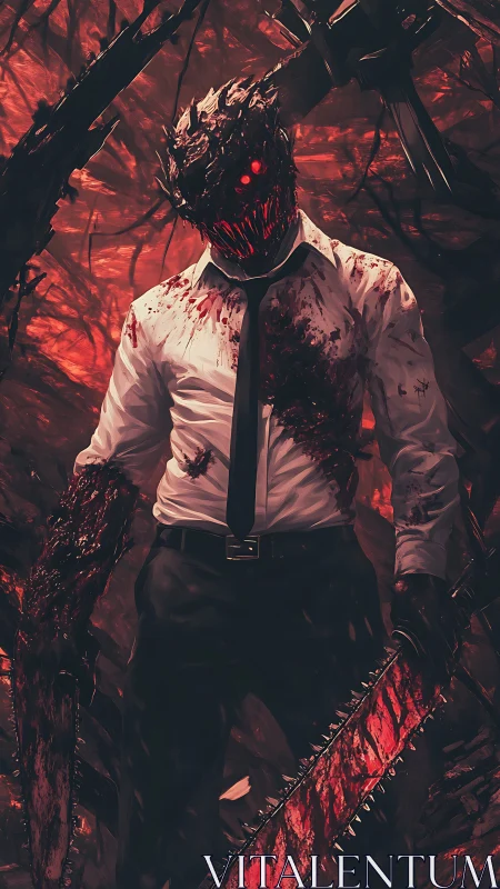 Demonic chainsaw warrior stands in bloodlit infernal void.