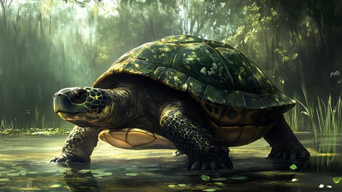 Large freshwater turtle in shaded wetland environment.