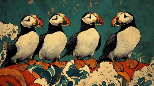 Four Puffins on Waves in Japanese Woodblock Art Style.