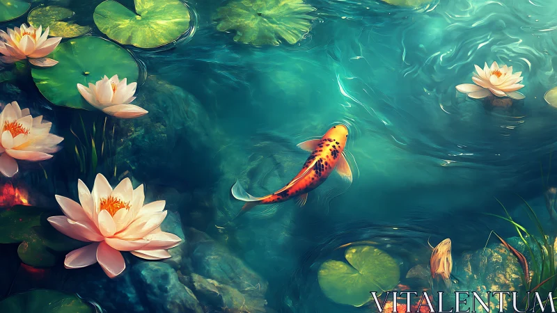 Koi gliding through aquamarine pond amid soft lotus blooms.
