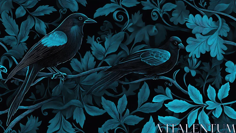 Ornithological Study in Cyan: Two Perched Birds Against Baroque Botanical Motifs