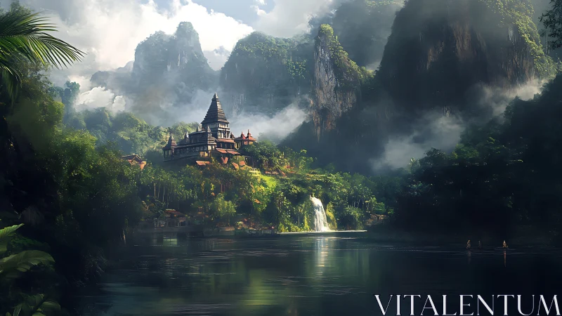 Mystical Temple Among Misty Peaks and Jungle Landscape.