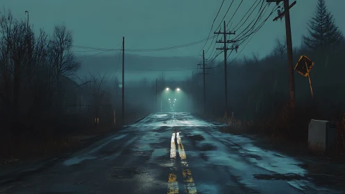 Empty wet road at night under misty streetlights.