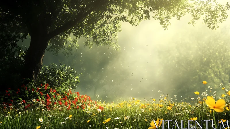 Sunlit wildflower meadow under large tree in soft morning haze