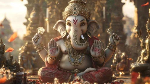 Intricately rendered Ganesha deity in luminous temple courtyard.