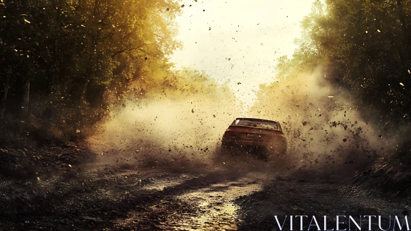 Rally car powersliding on muddy forest track at golden hour