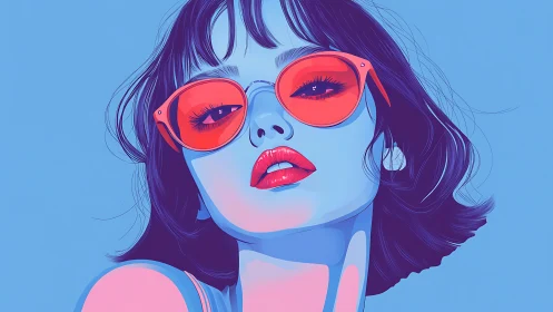 Neon duotone female portrait with oversized red sunglasses