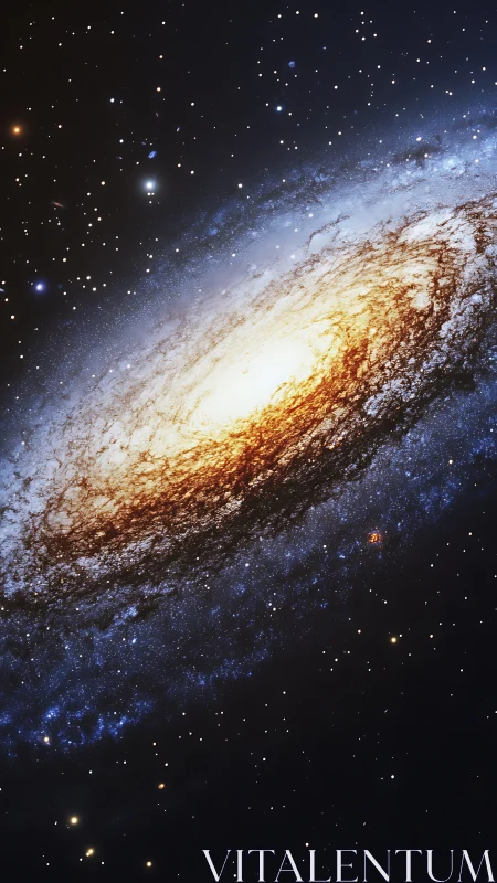 Spiral galaxy core glows within dense star field in space