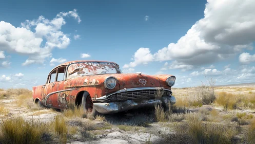Weathered red vintage car abandoned in open grassland.