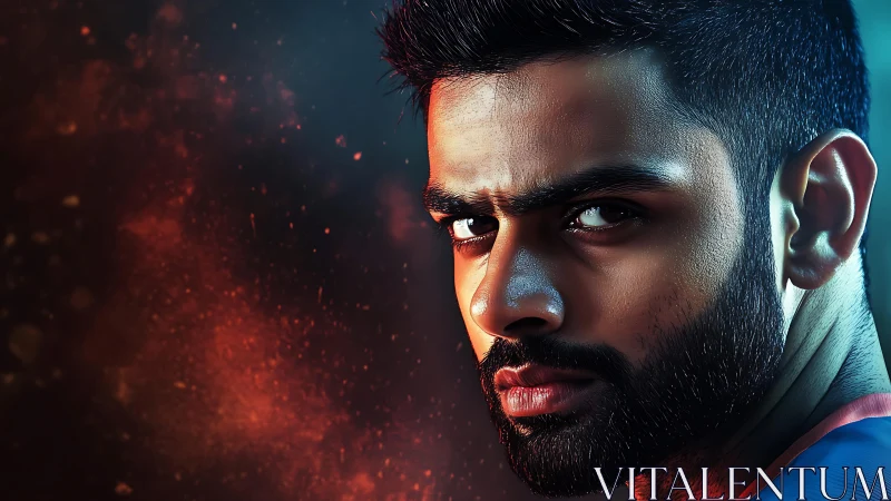 Intense bearded man stares over shoulder against fiery bokeh