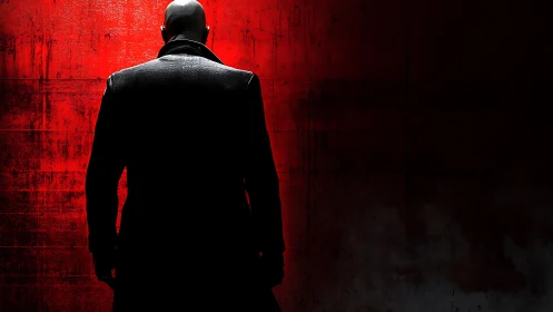 Bald figure in dark coat before red textured wall.