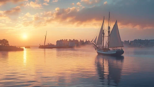 Tall ship crossing misty harbor at warm sunrise glow.