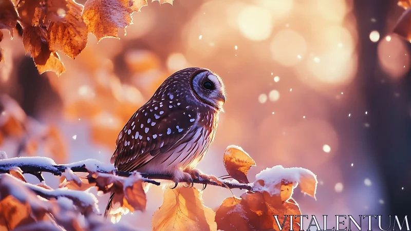 Spotted owl on snowy branch in dreamy autumn forest scene.