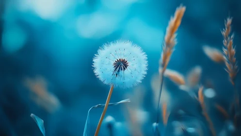 Gentle dandelion seed head glows softly in cool blue light
