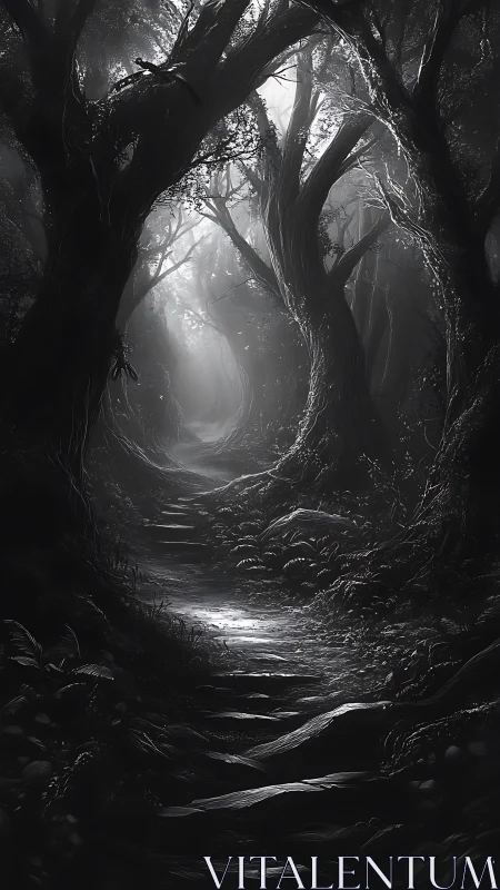 Monochrome forest path recedes beneath dense twisted trees
