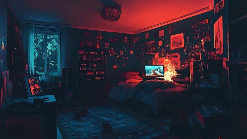 Moody gamer bedroom lit by blue and red screens at night.