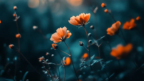 Orange Cosmos Flowers with Selective Focus and Teal Color Grading