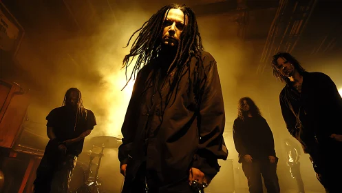 Low-angle band portrait uses backlighting and warm industrial haze