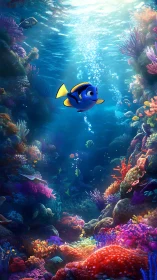 Digital reefscape with central blue tang in vertical composition.