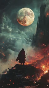 Lone cloaked warrior under full moon in burning canyon.