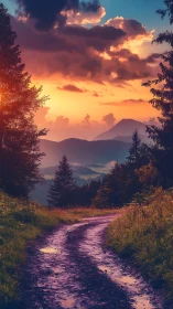 Mountain path at sunset under glowing stormlit clouds.
