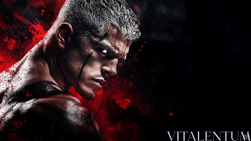 Scarred warrior turning toward the light with fierce resolve.