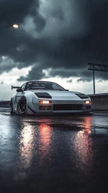 Lowered sports car glows against stormy wet highway night.