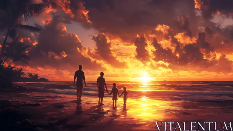 Digital painting of family walking a luminous sunset shoreline.