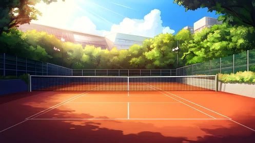 Outdoor clay tennis court with surrounding campus buildings.