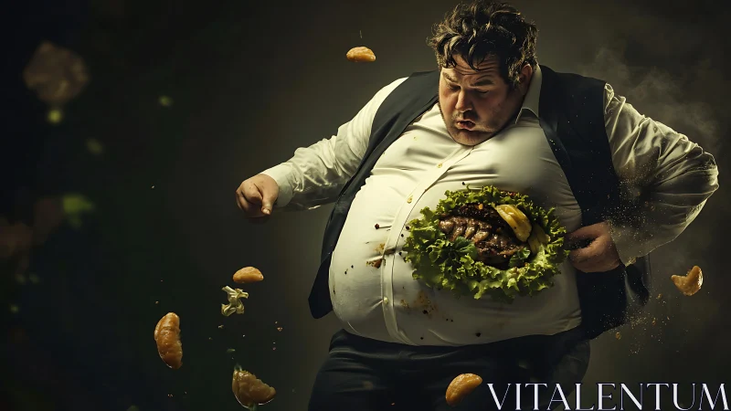 Man interacts with suspended food elements in midair scene